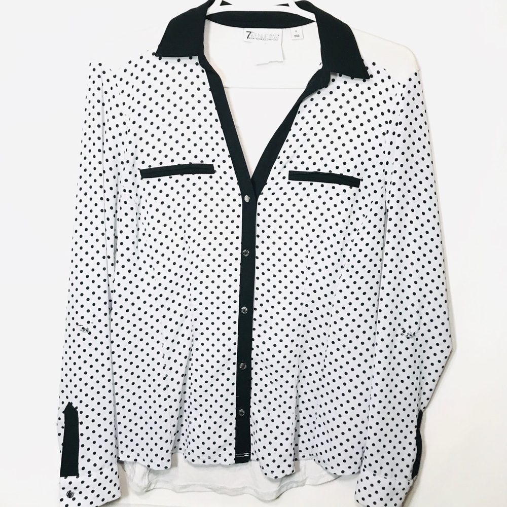 New York & Company silver/black/white polka dot blouse Size S
